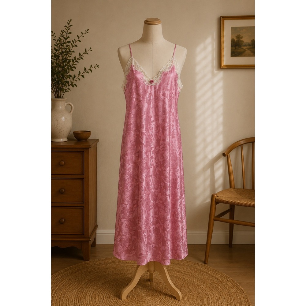 VTG Pink Rose Jacquard Satin Midi Nightgown Lace Trim Rosette M Coquette Chic